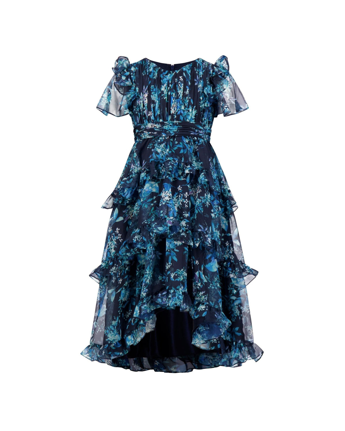Girls Midnight Multi Floral Chiffon Tiered Ruffle Dress