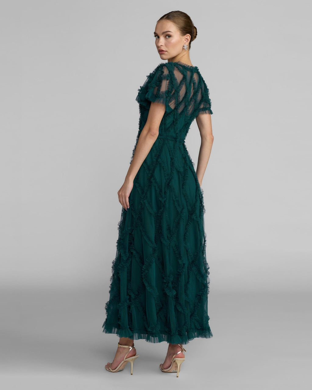 Teal Short Sleeve High Neck Ruffle Dress
