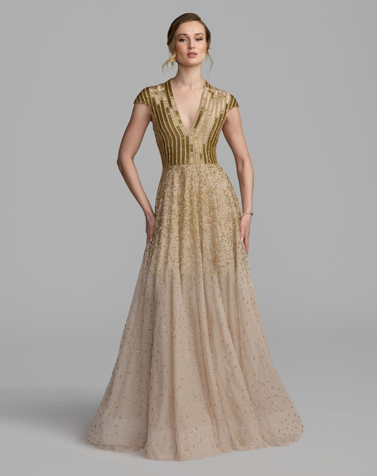 Gold V-Neck Beaded Tulle A-Line Gown