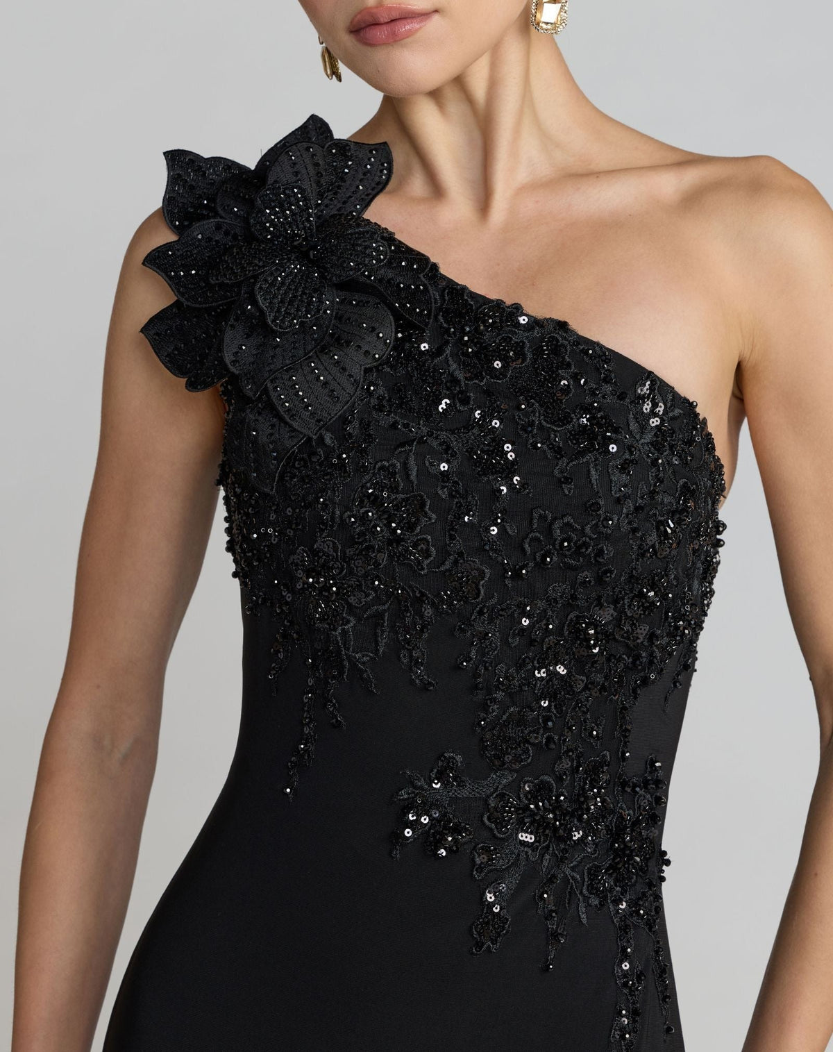 Black Embroidered Jersey One Shoulder Gown With 3D Flower
