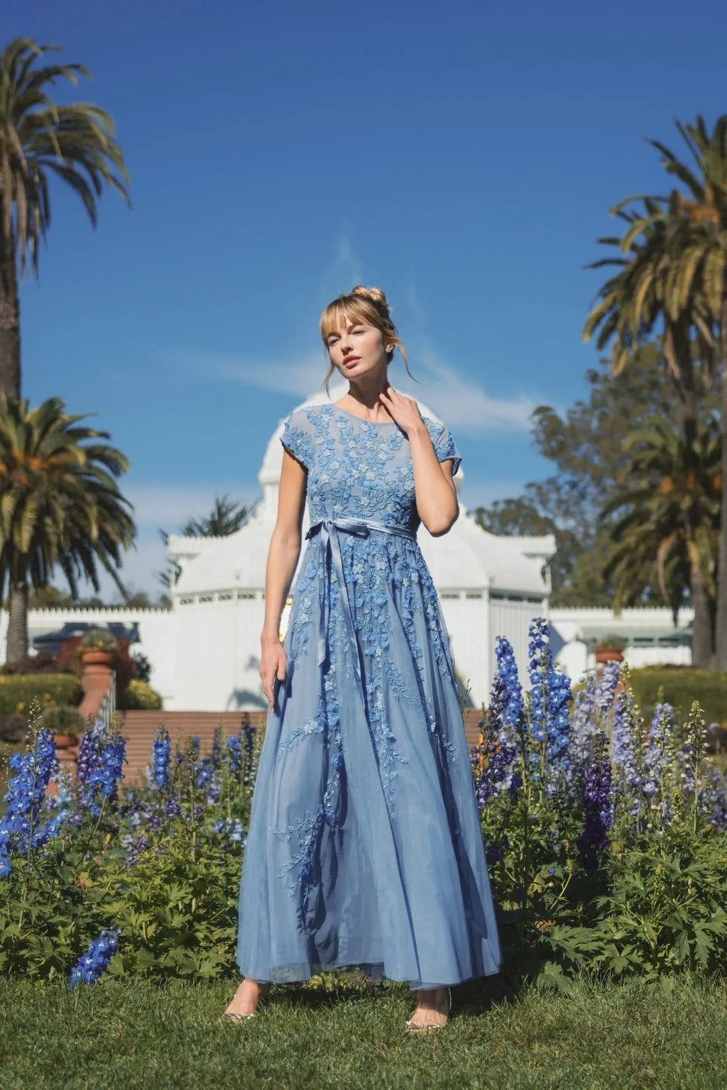 Sky Blue Floral Embellished Cap Sleeve Gown