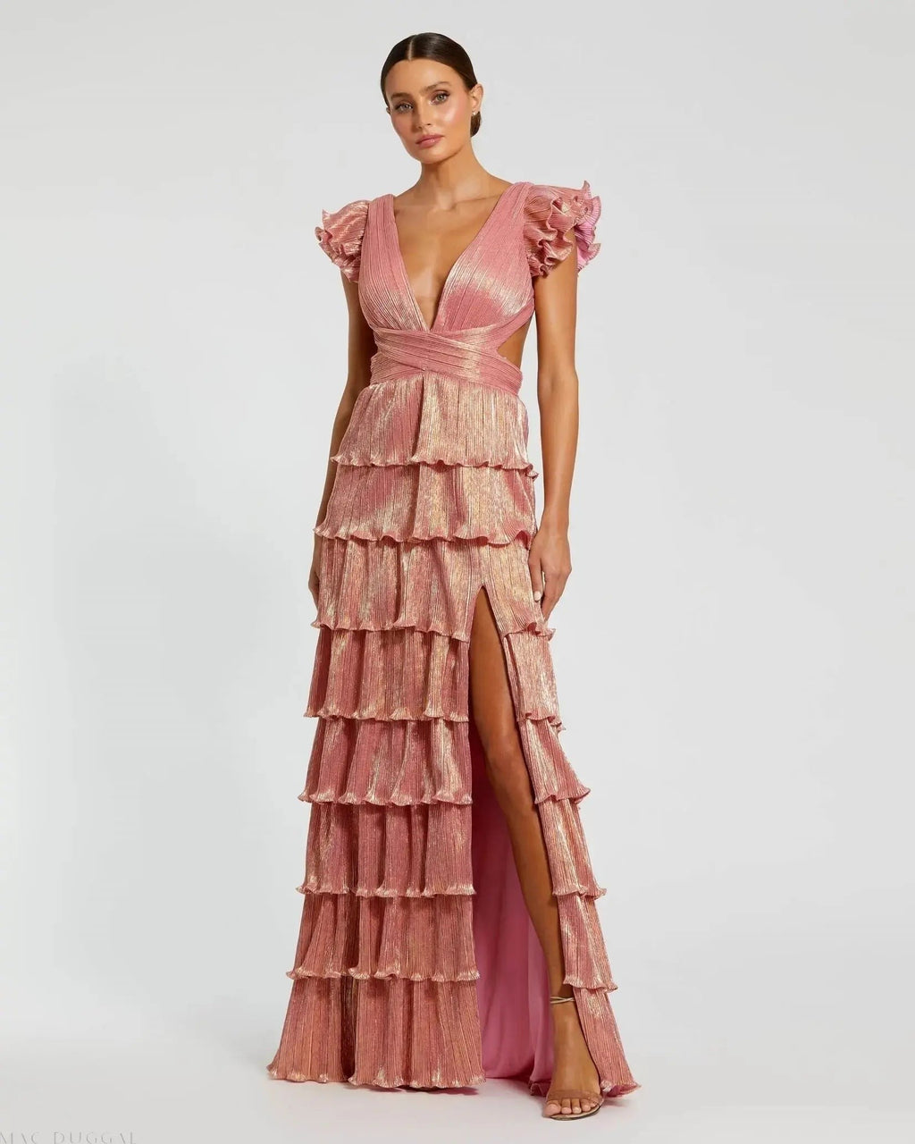 Coral Ruffle Tiered Criss Cross Lace Up Gown