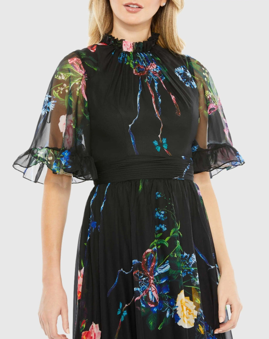 Black Floral Print Ruffled High Neck Flutter Sleeve Gown