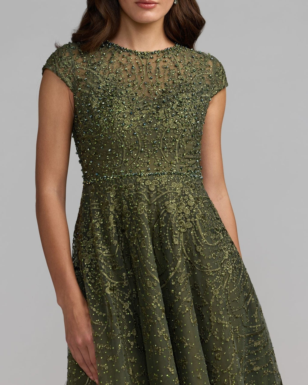 Olive Embroidered Tulle Midi Dress