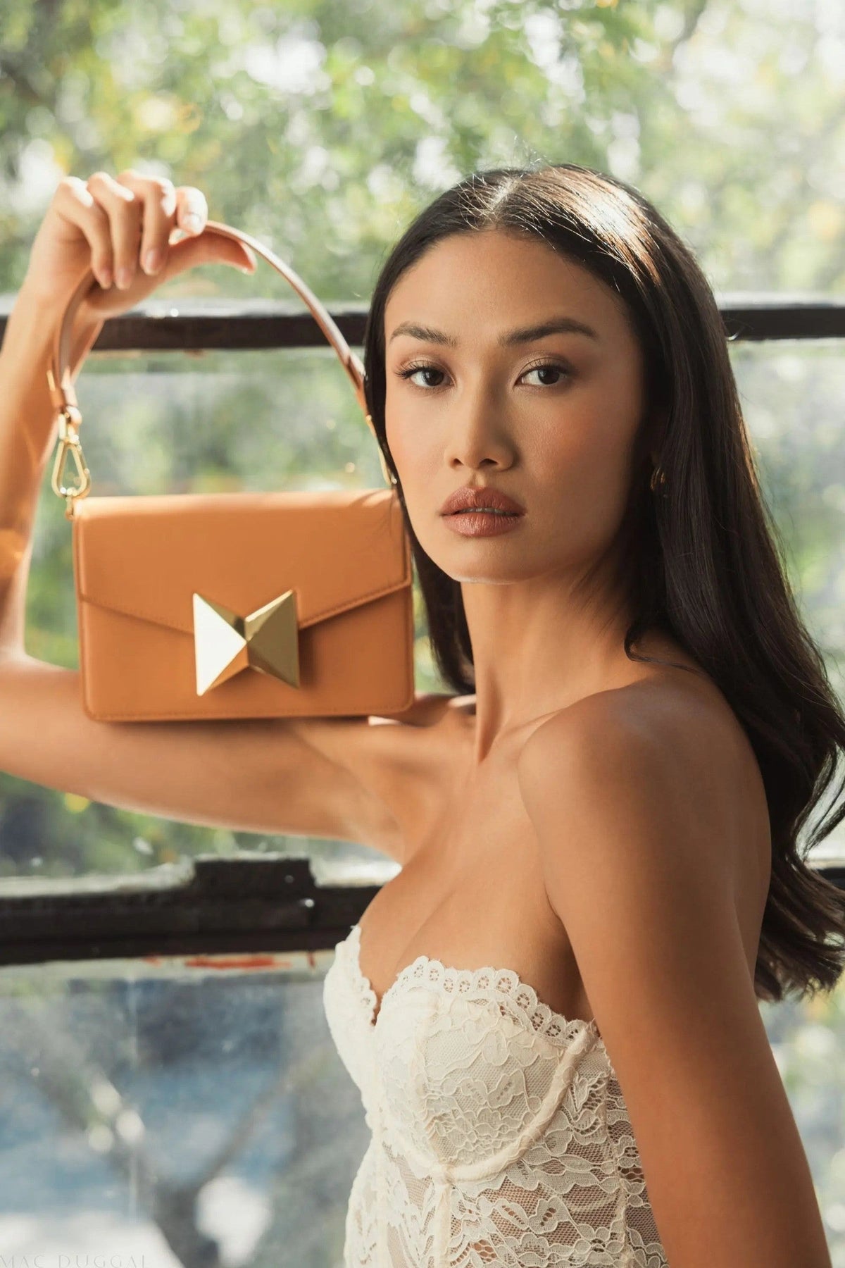 Brown Mini Leather Shoulder Handbag With Gold Hardware