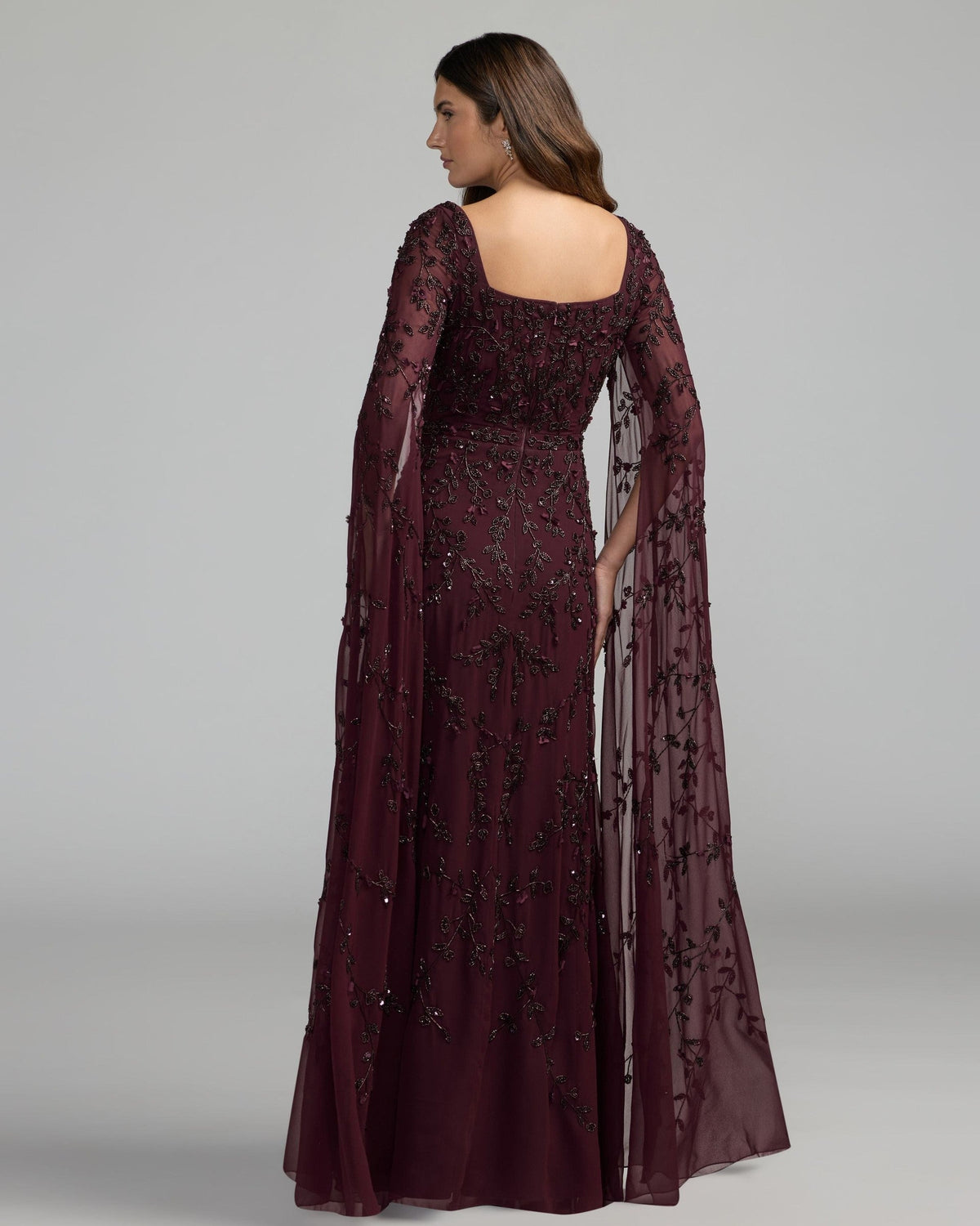 Aubergine Floral Embellished Cape Sleeve Gown