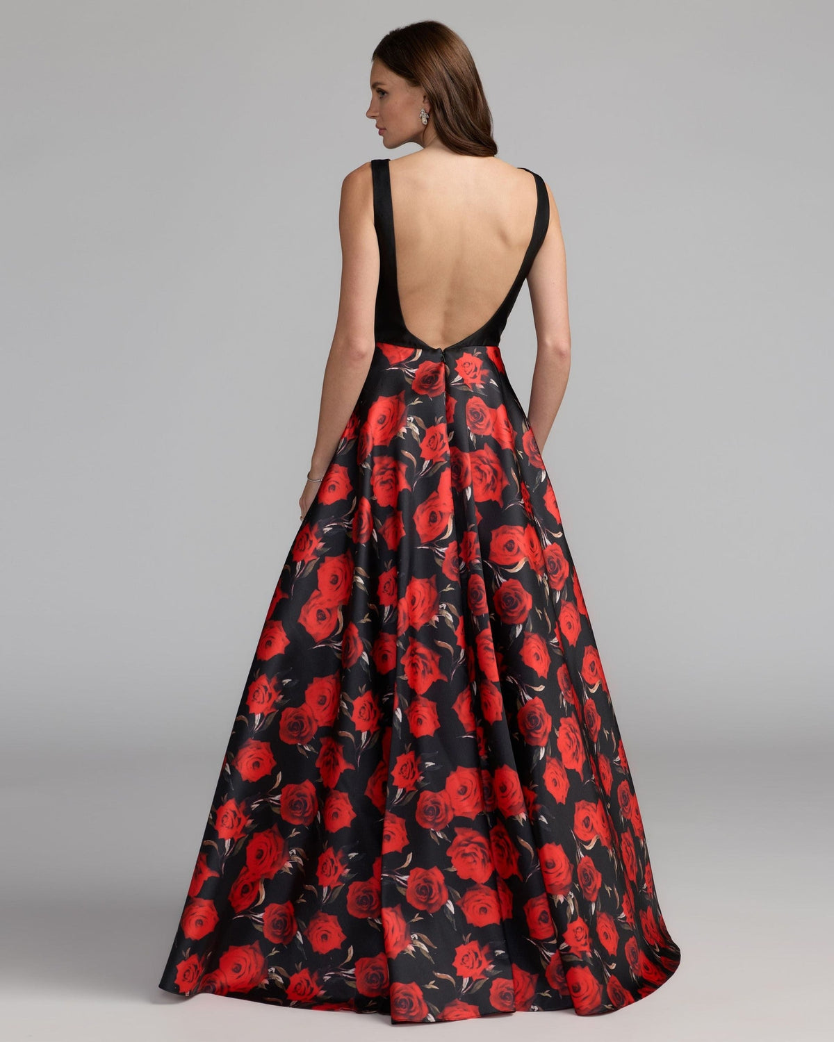 Petite Red Rose Floral Open Back Ball Gown