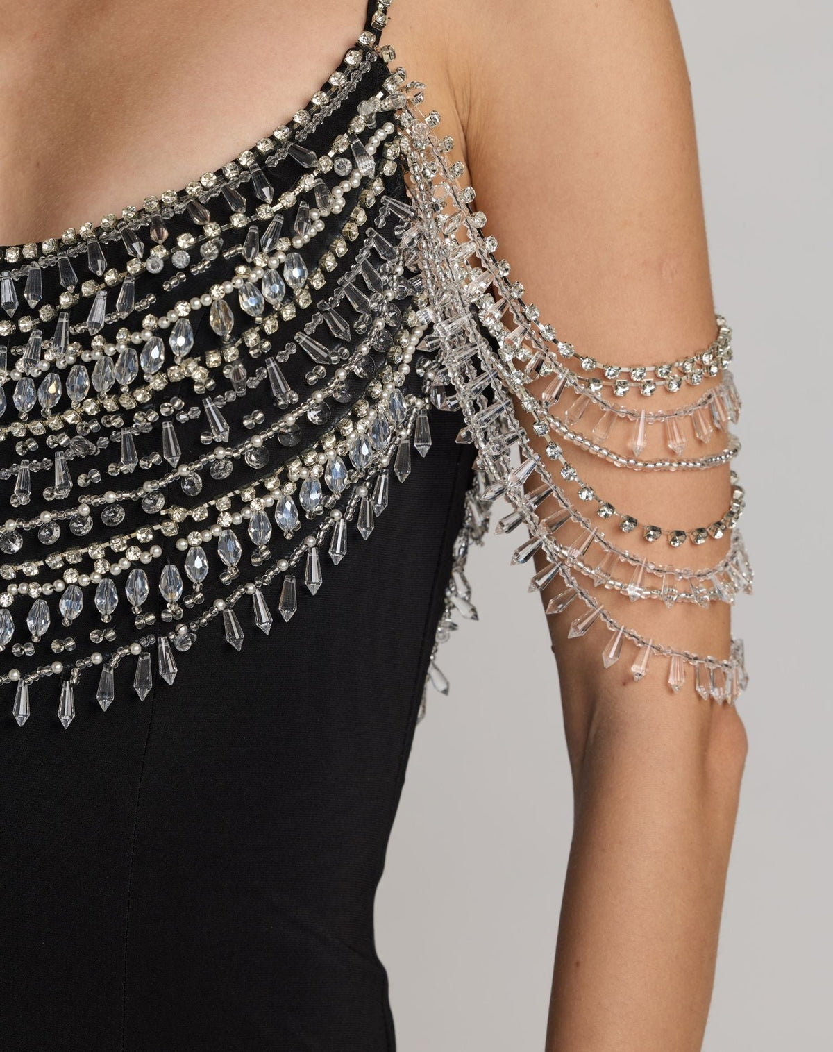 Black Beaded Jersey Scoop Back Gown with Slit