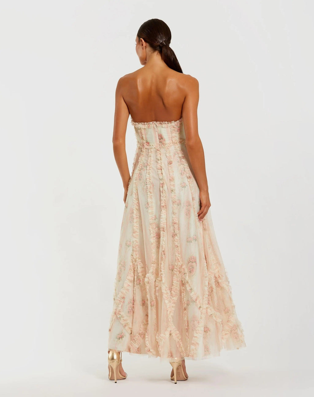 Ivory Multi Strapless Floral Print Ruffle Maxi Dress
