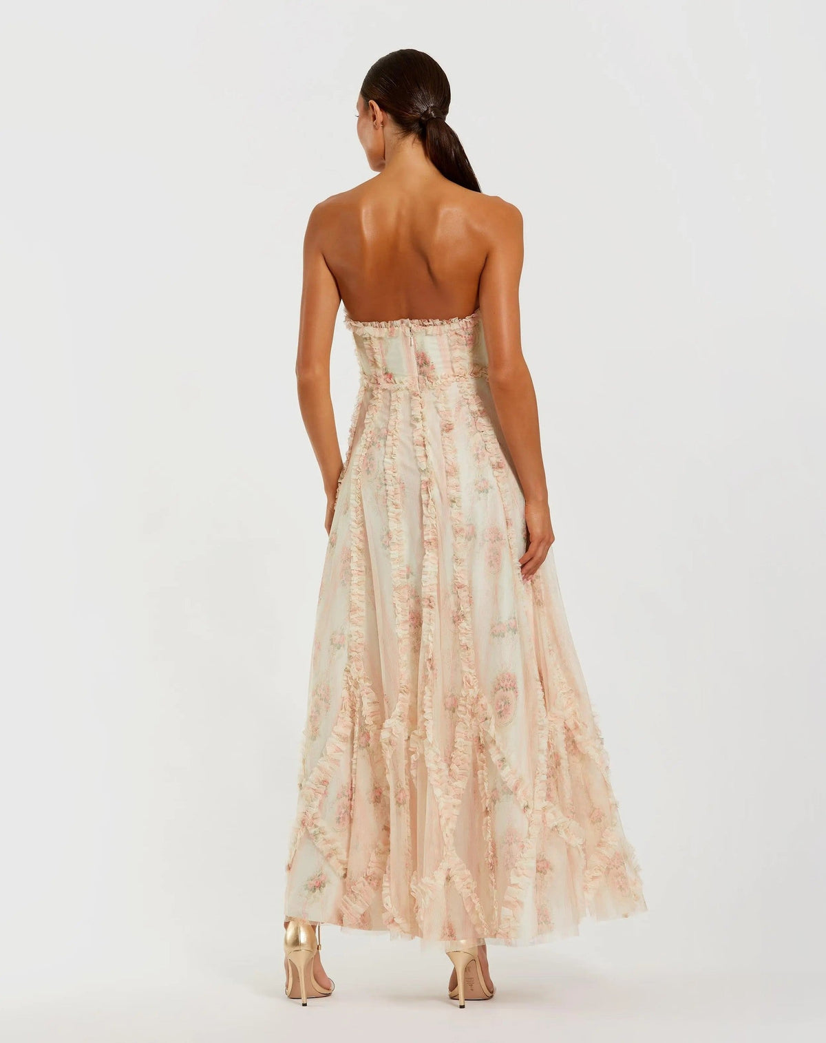 Ivory Multi Strapless Floral Print Ruffle Maxi Dress