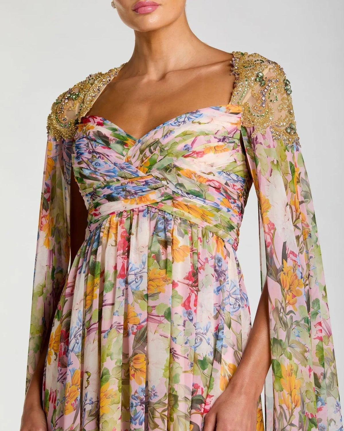 Pastel Multi Floral Gown With Beaded Cape Sleeves