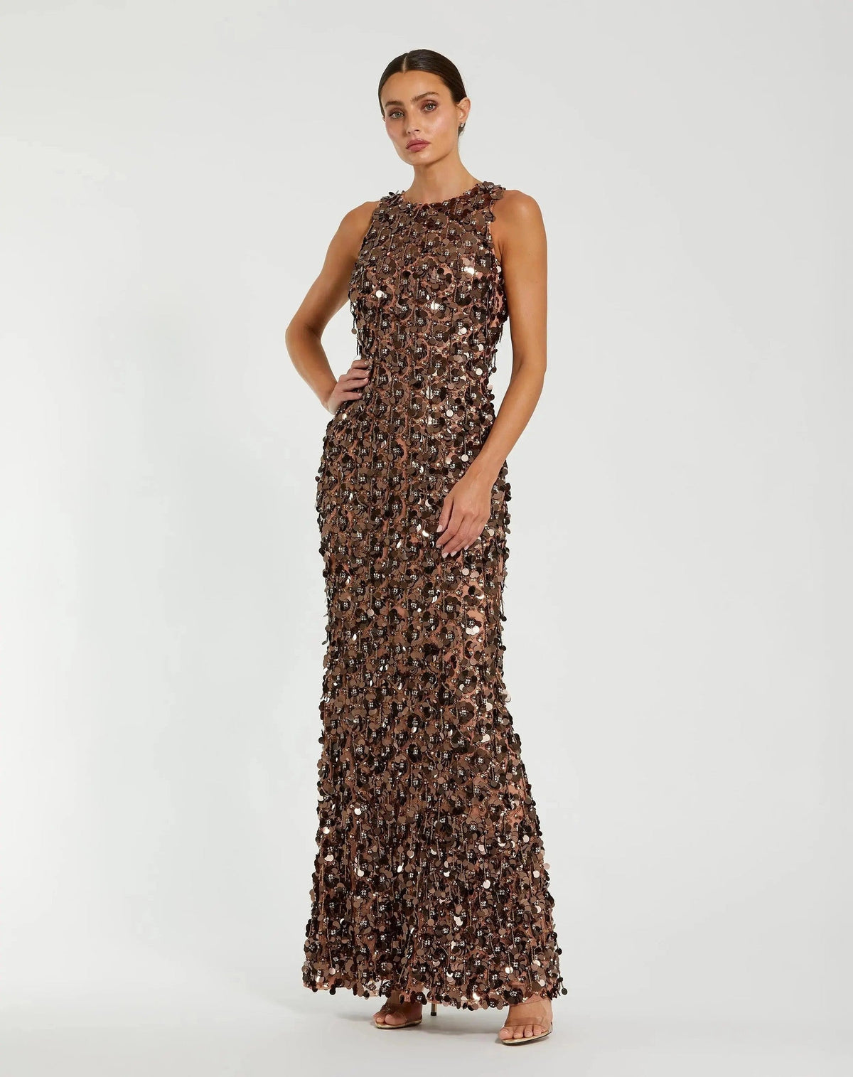 Bronze Sequin Embellished Sleeveless Gown With Beaded Fringe