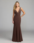 Chocolate Embellished V-Neck Crepe Gown