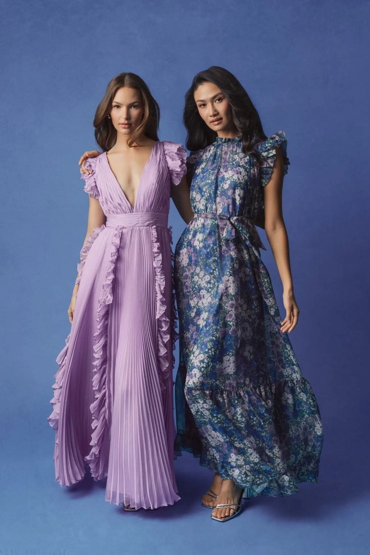 Purple Pleated Ruffle Cap Sleeve Flowy A Line Gown