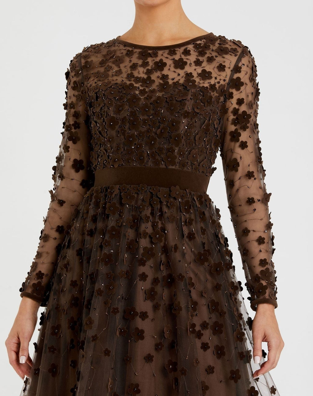 Brown Embellished Long Sleeve Velvet Trim A-Line Midi Dress