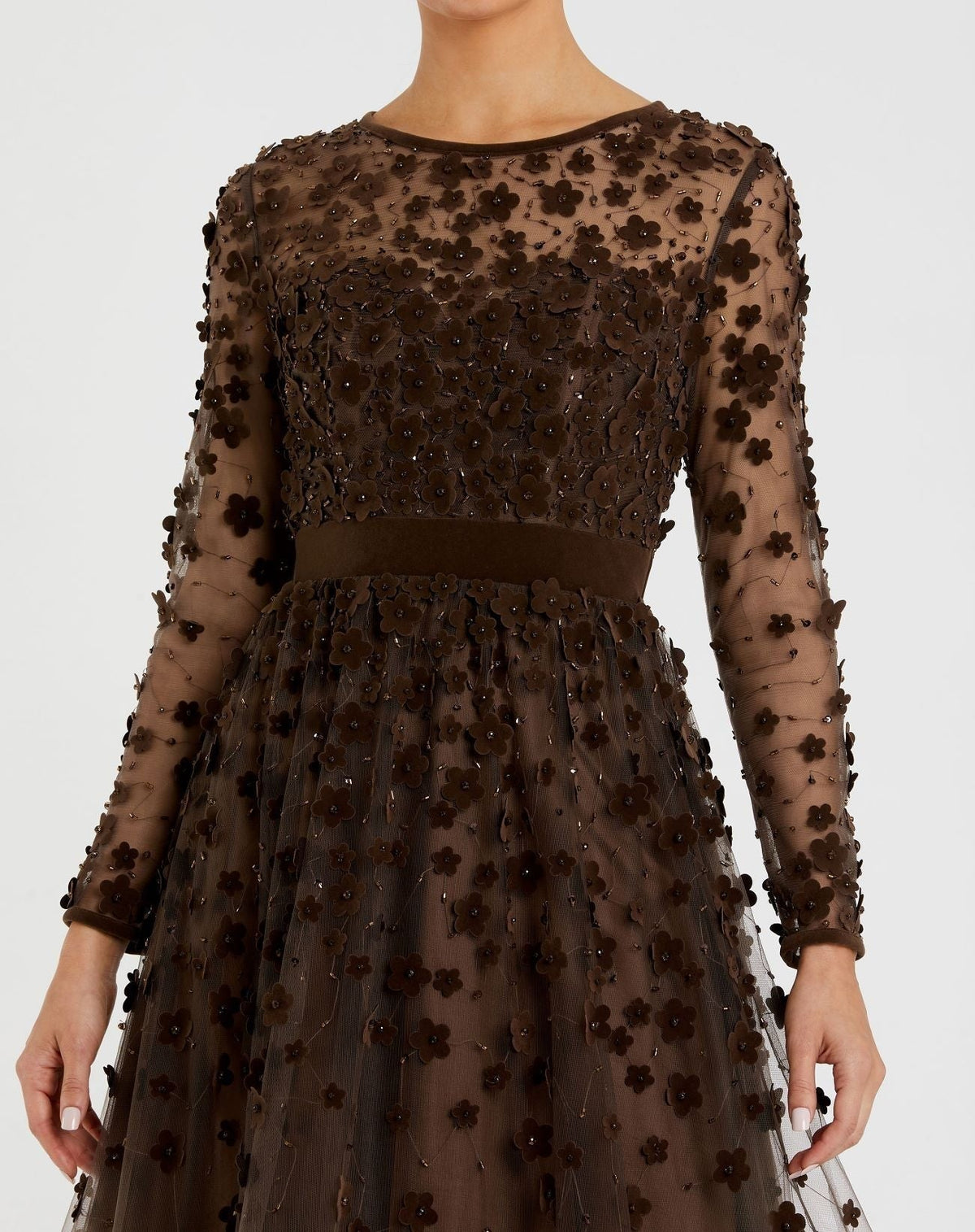 Brown Embellished Long Sleeve Velvet Trim A-Line Midi Dress