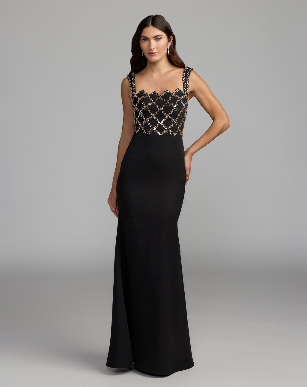 Black Gold Embellished Square Neck Column Gown