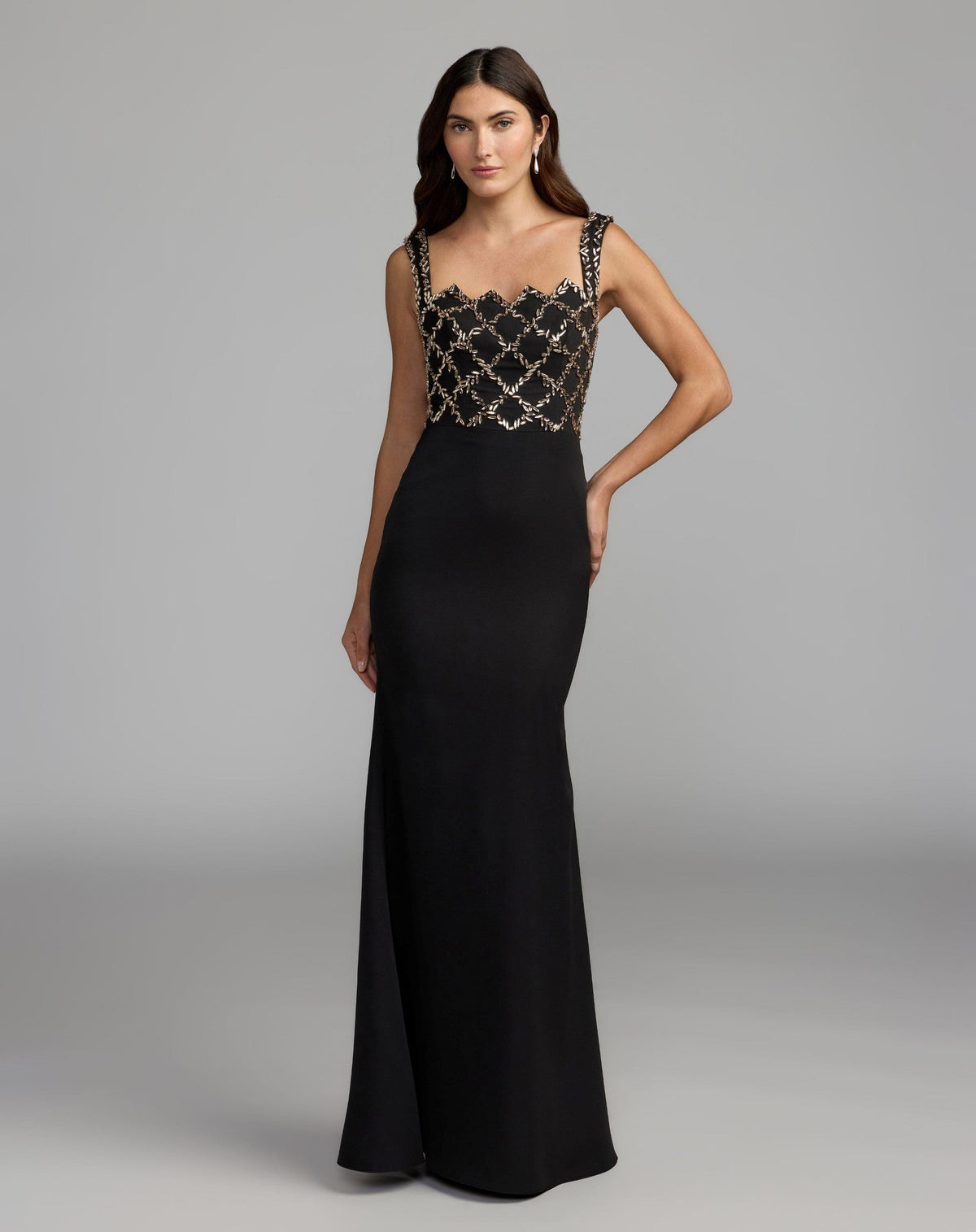 Black Gold Embellished Square Neck Column Gown