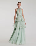 Mint Embellished Halter Neck Ruffle Chiffon Gown