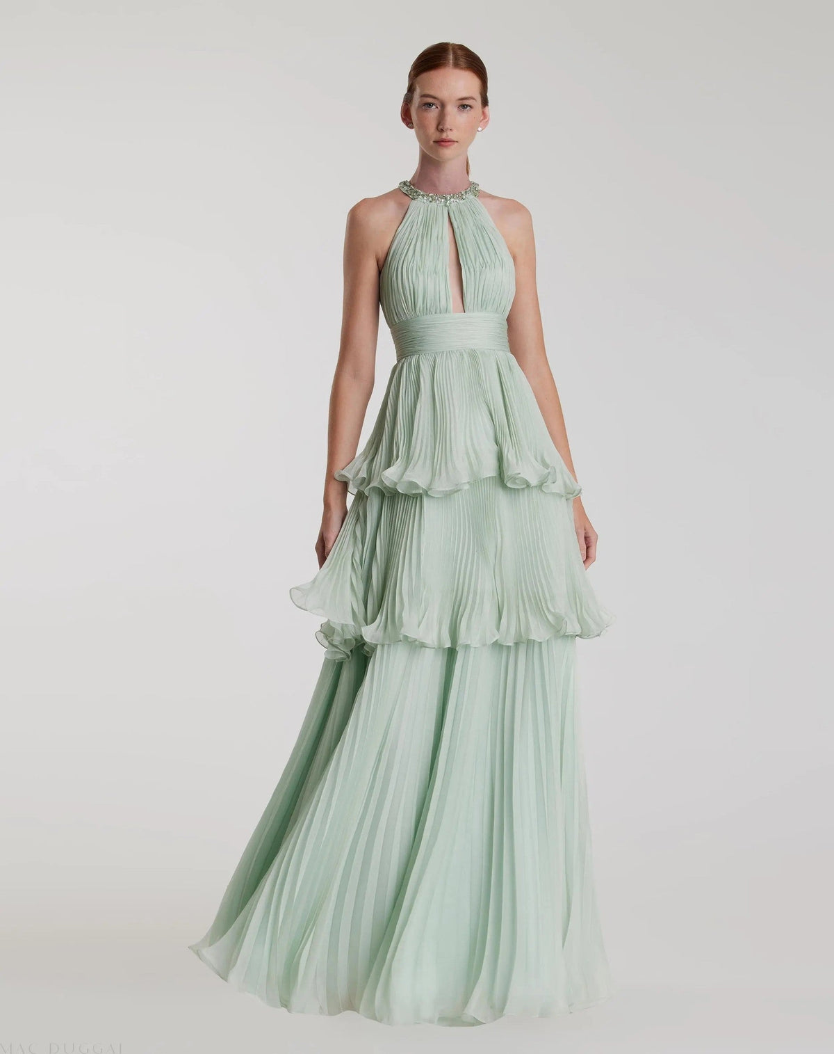 Mint Embellished Halter Neck Ruffle Chiffon Gown