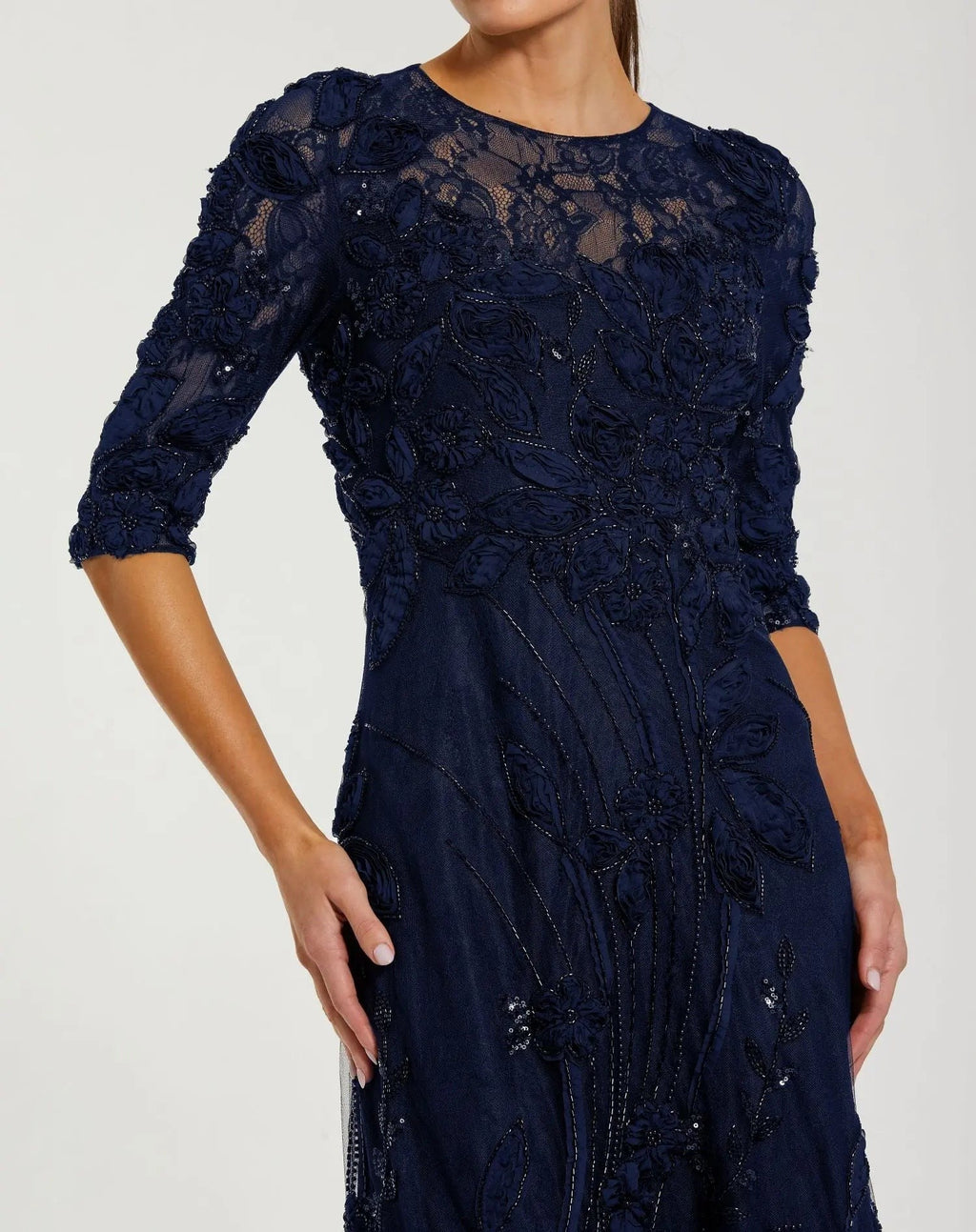 Petite Navy High Neck Embellished Lace Gown With 3/4 Sleeves