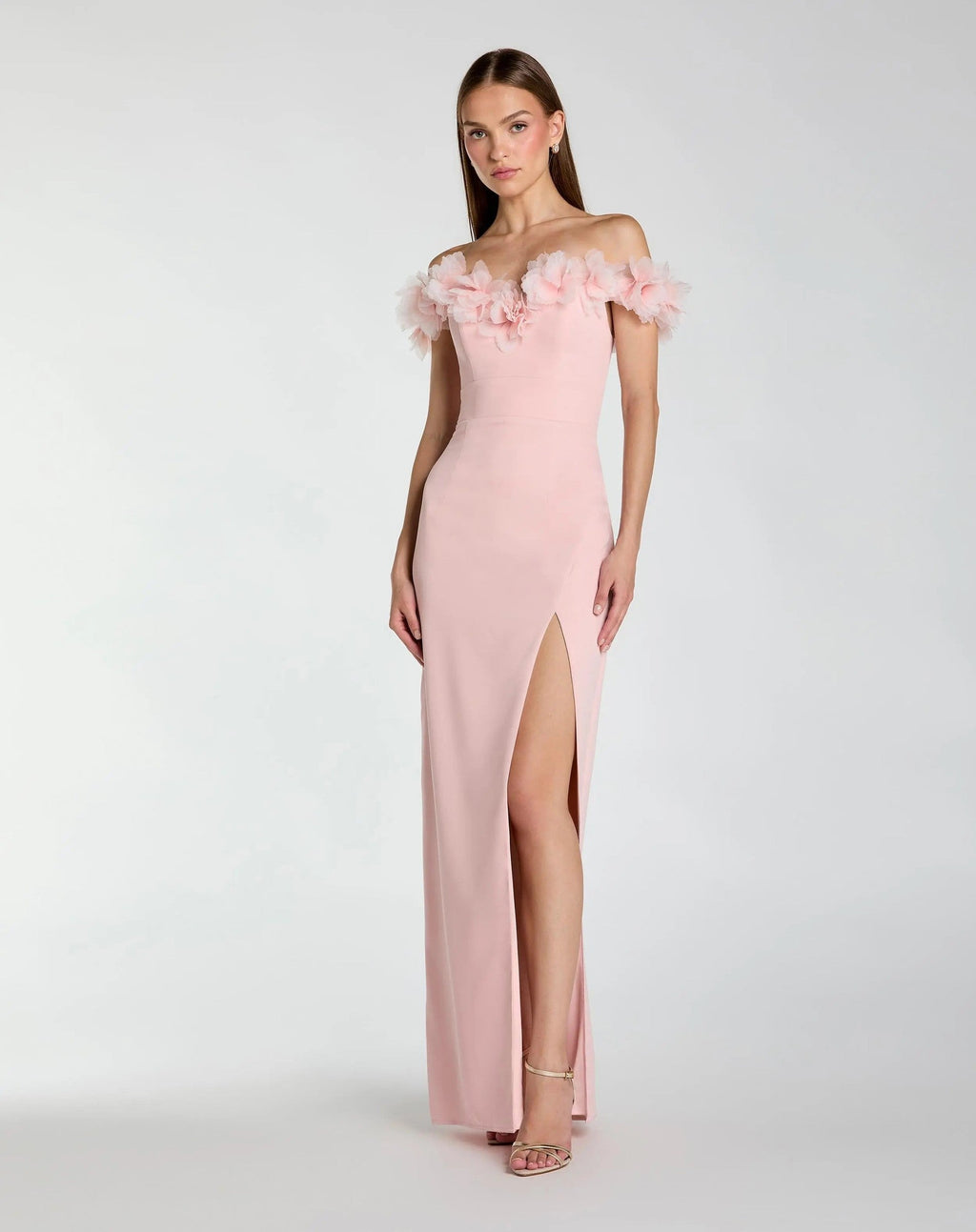 Dusty Rose Off The Shoulder Column Gown With 3D Flowers