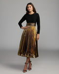 Black Gold Long Sleeve Pleated Midi Dress