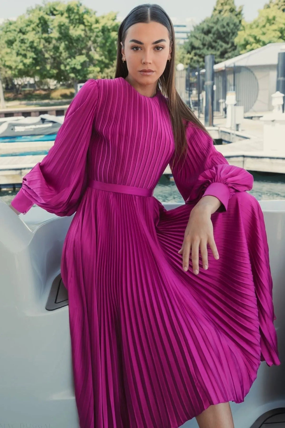 Fuchsia Long Sleeve Pleated Charmeuse Handkerchief Dress