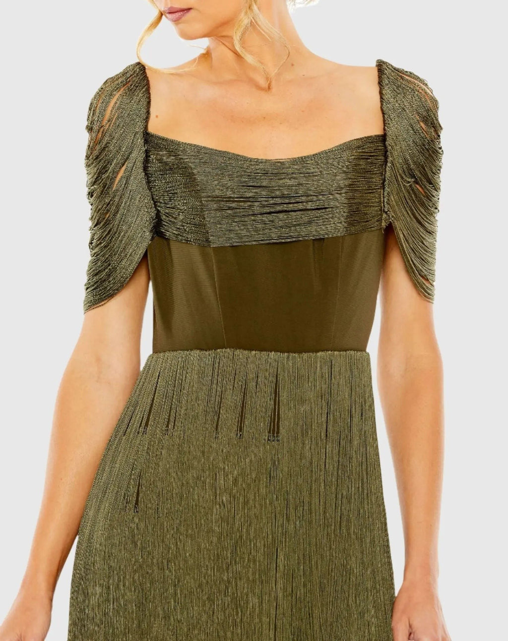 Olive Short Sleeve Fringe Detailed Midi Dress