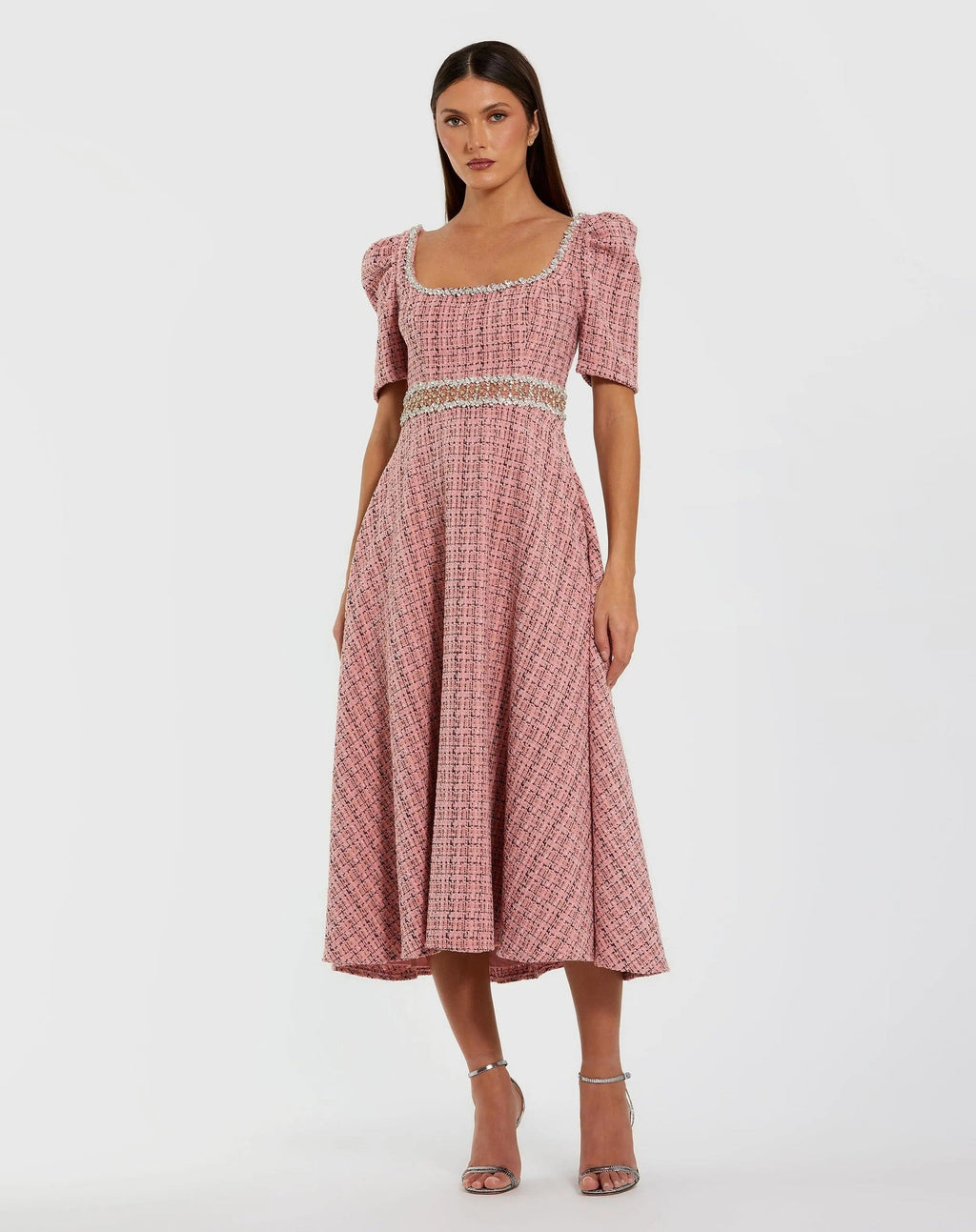 Pink Multi Puff Sleeve Boucle Midi Dress With Beaded Belt