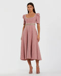 Pink Multi Puff Sleeve Boucle Midi Dress With Beaded Belt