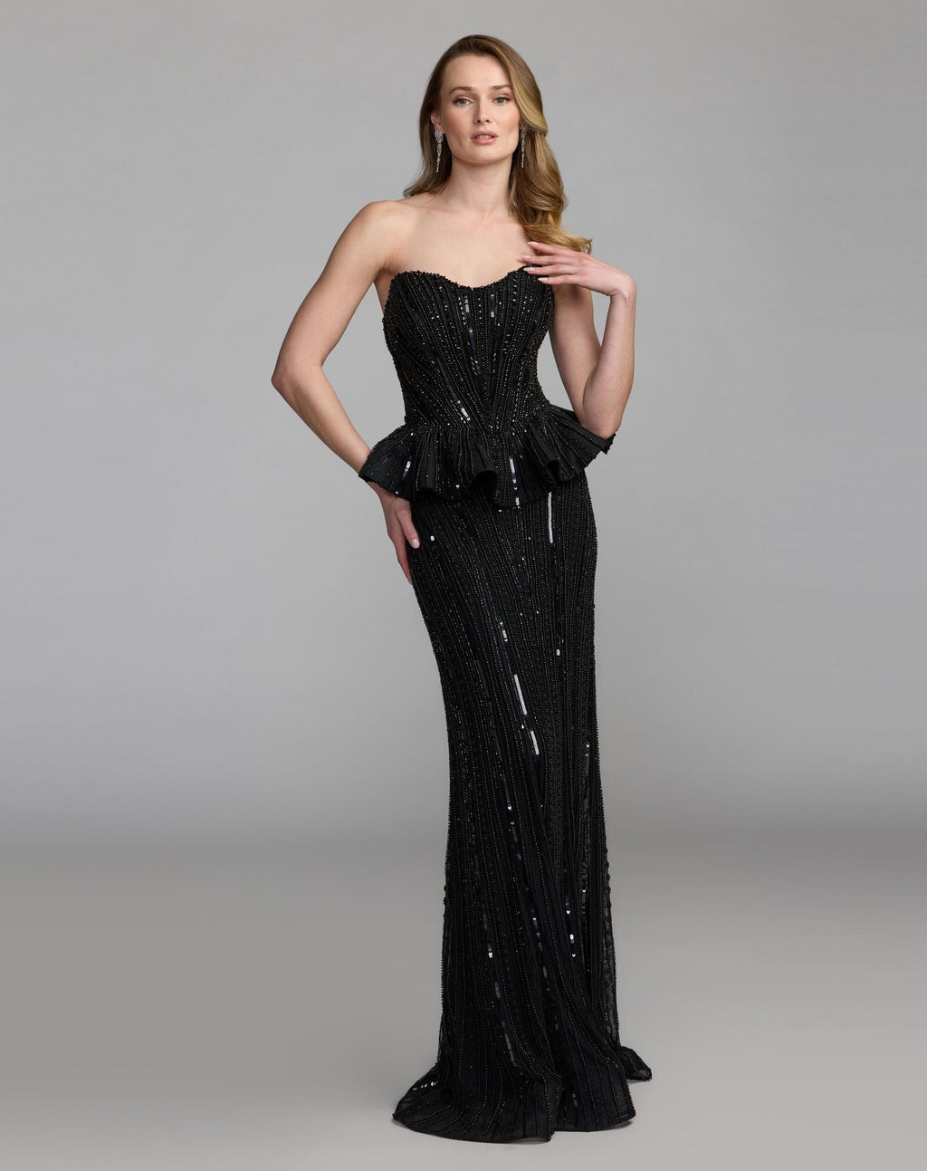 Black Strapless Embellished Peplum Gown