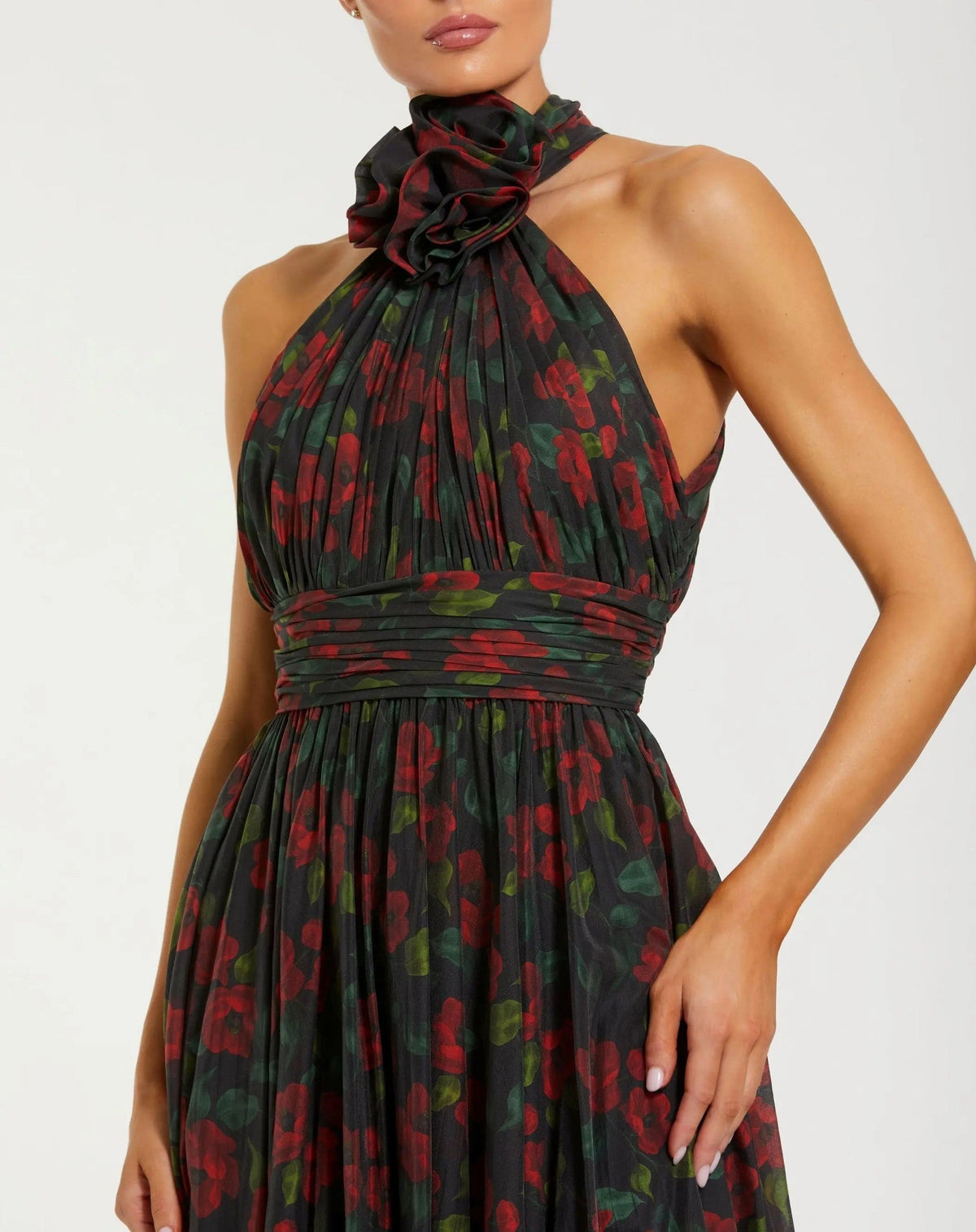 Black Multi Floral Print Halter Neck Gown With Rosette