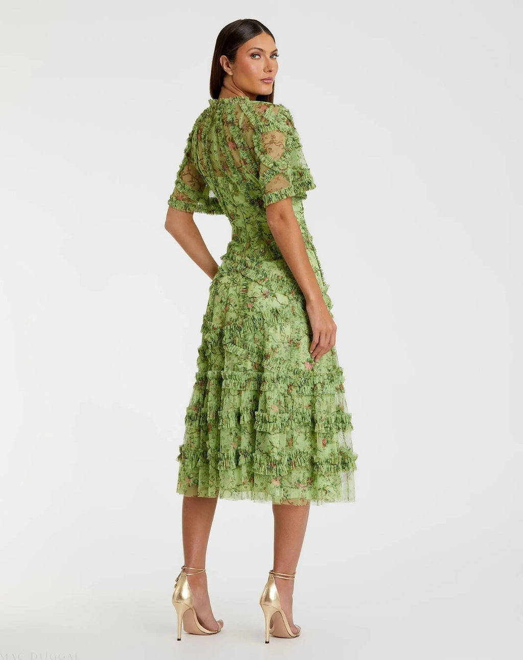 Sage Multi Floral Midi Dress with Ruffle Detailing