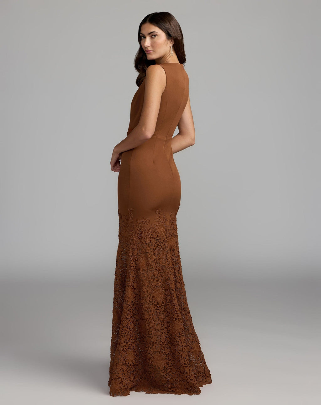 Nutmeg Sleeveless Lace Hem Crepe Gown