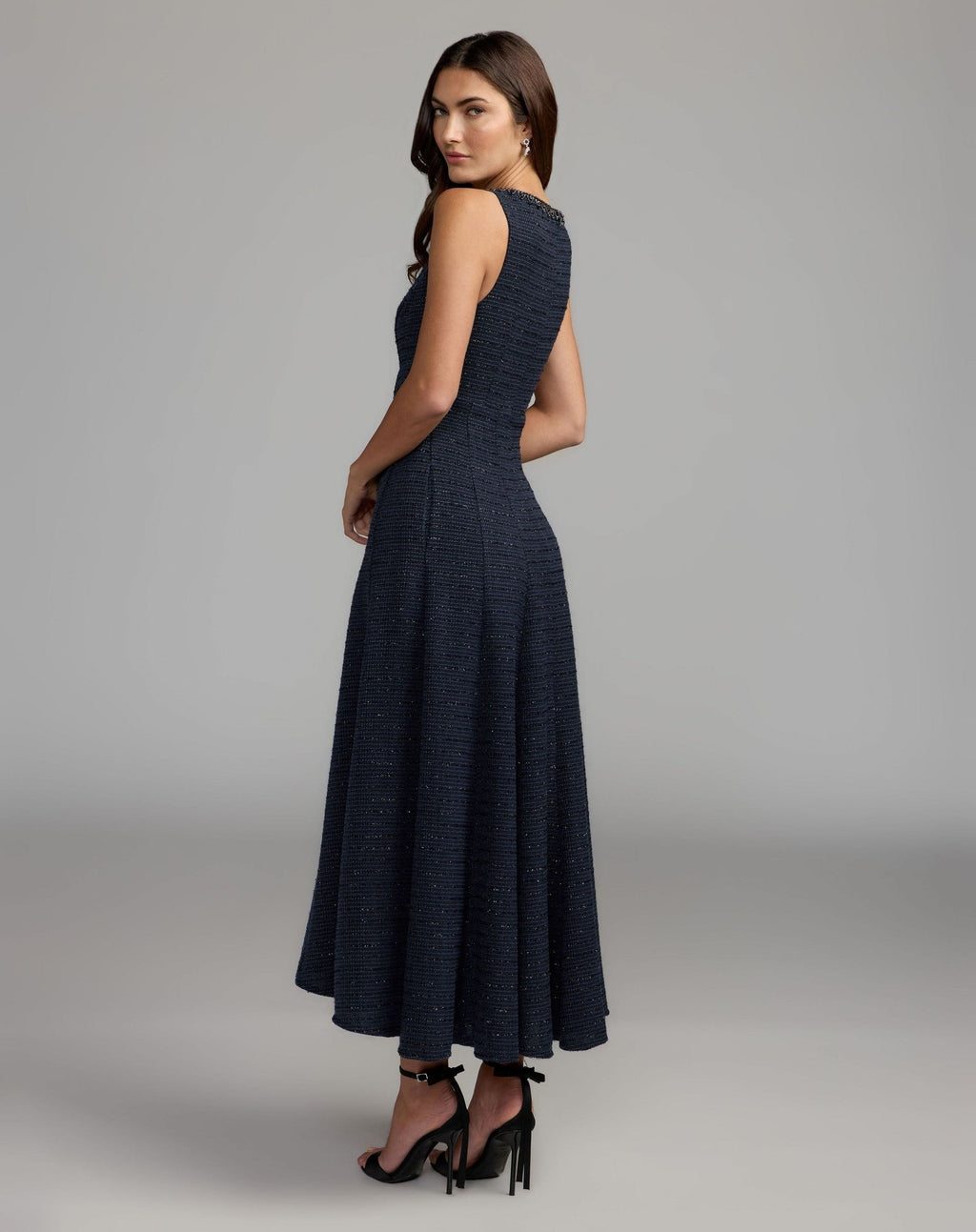 Navy Sleeveless A-Line Boucle Midi Dress