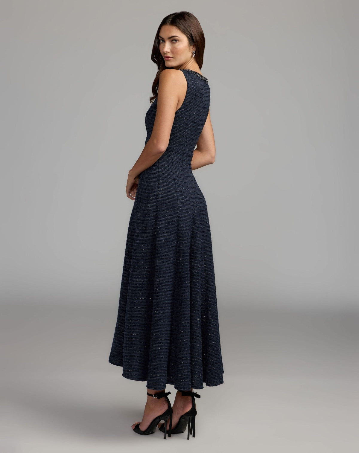 Navy Sleeveless A-Line Boucle Midi Dress