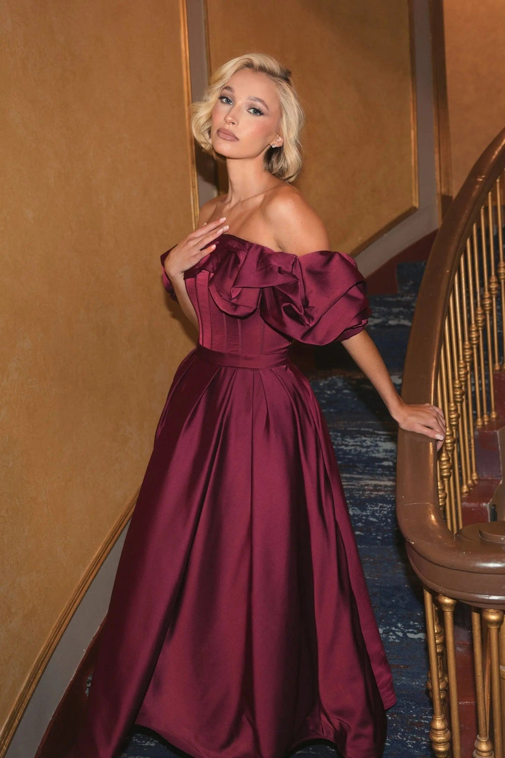 Plum Off The Shoulder Tea Length Dress