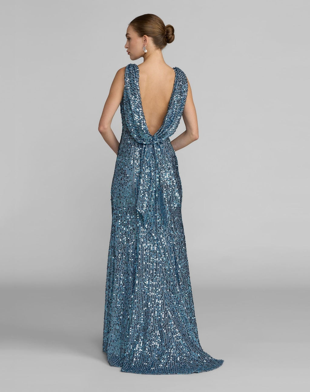 Fusion Blue Sleeveless Cowl Back Sequin Evening Gown