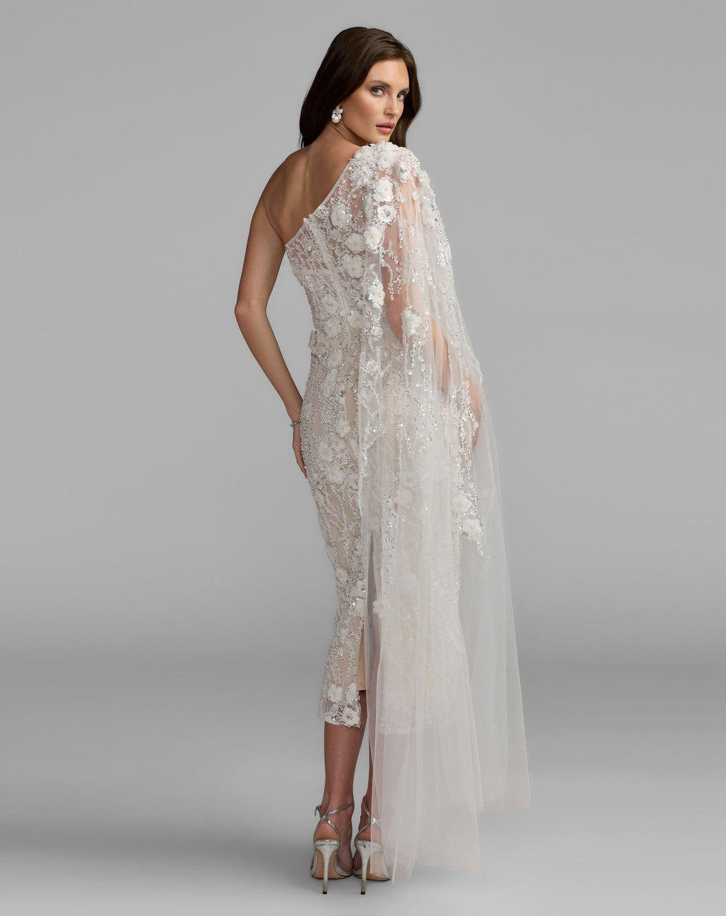 Ivory Nude Beaded One Shoulder Corset Midi Dress