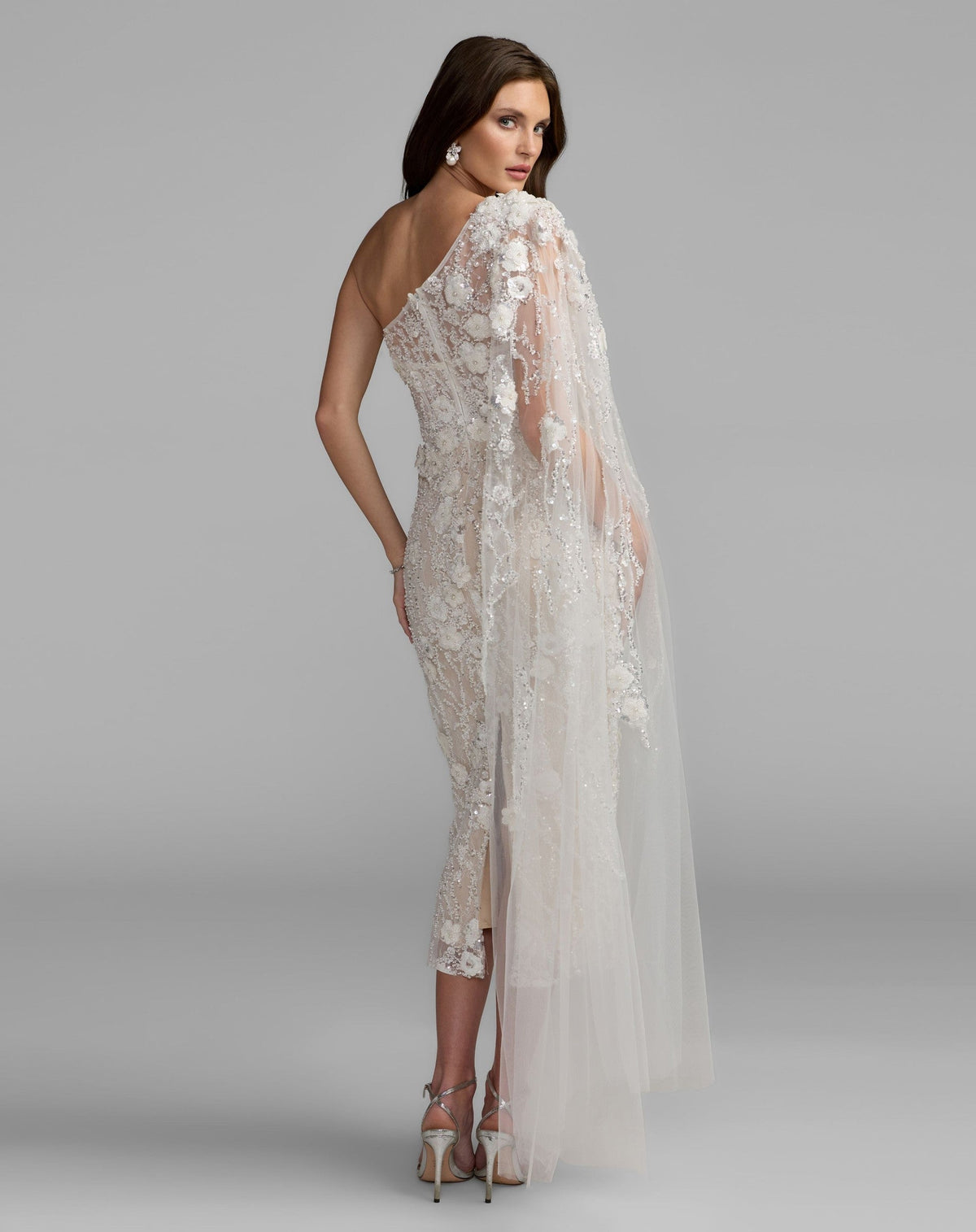 Ivory Nude Beaded One Shoulder Corset Midi Dress