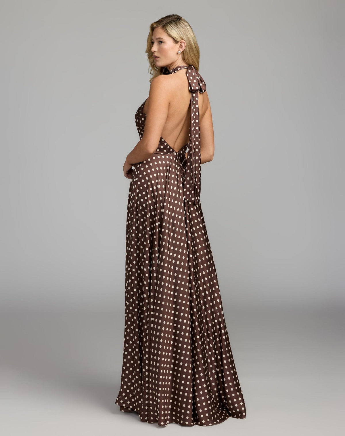 Chocolate Multi Polka Dot A-Line Halter Gown With Rosette