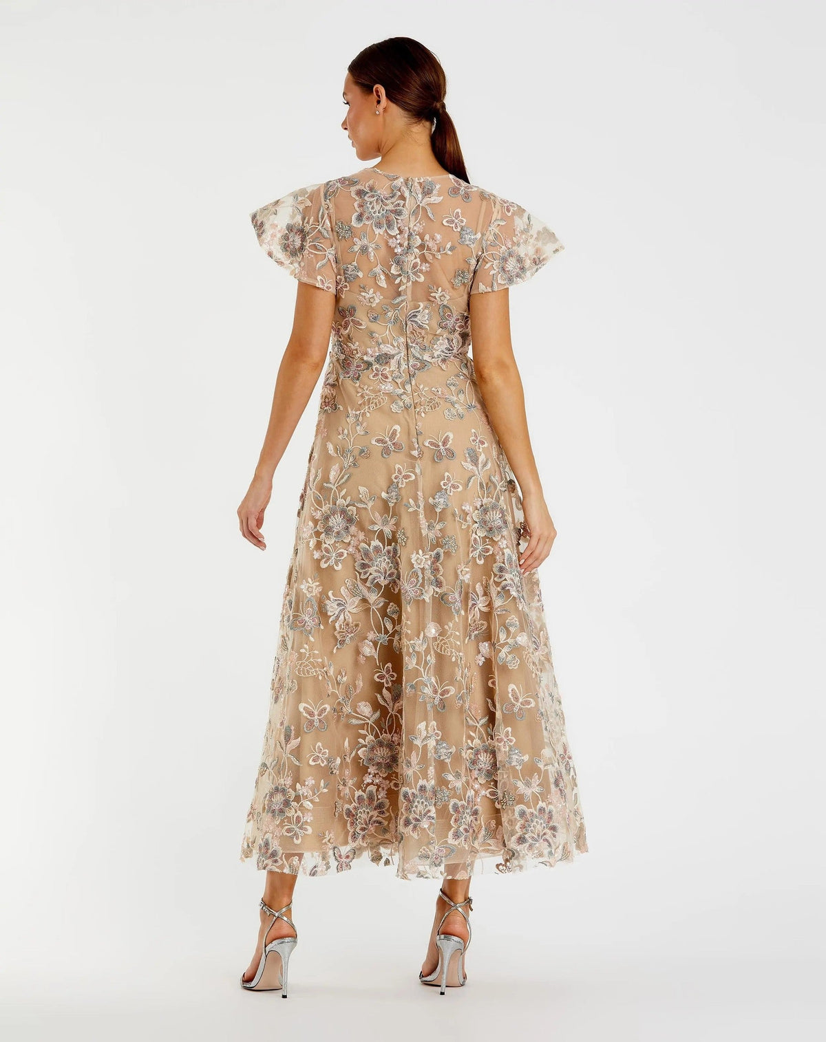 Beige Flutter Sleeve Butterfly Embroidered Maxi Dress