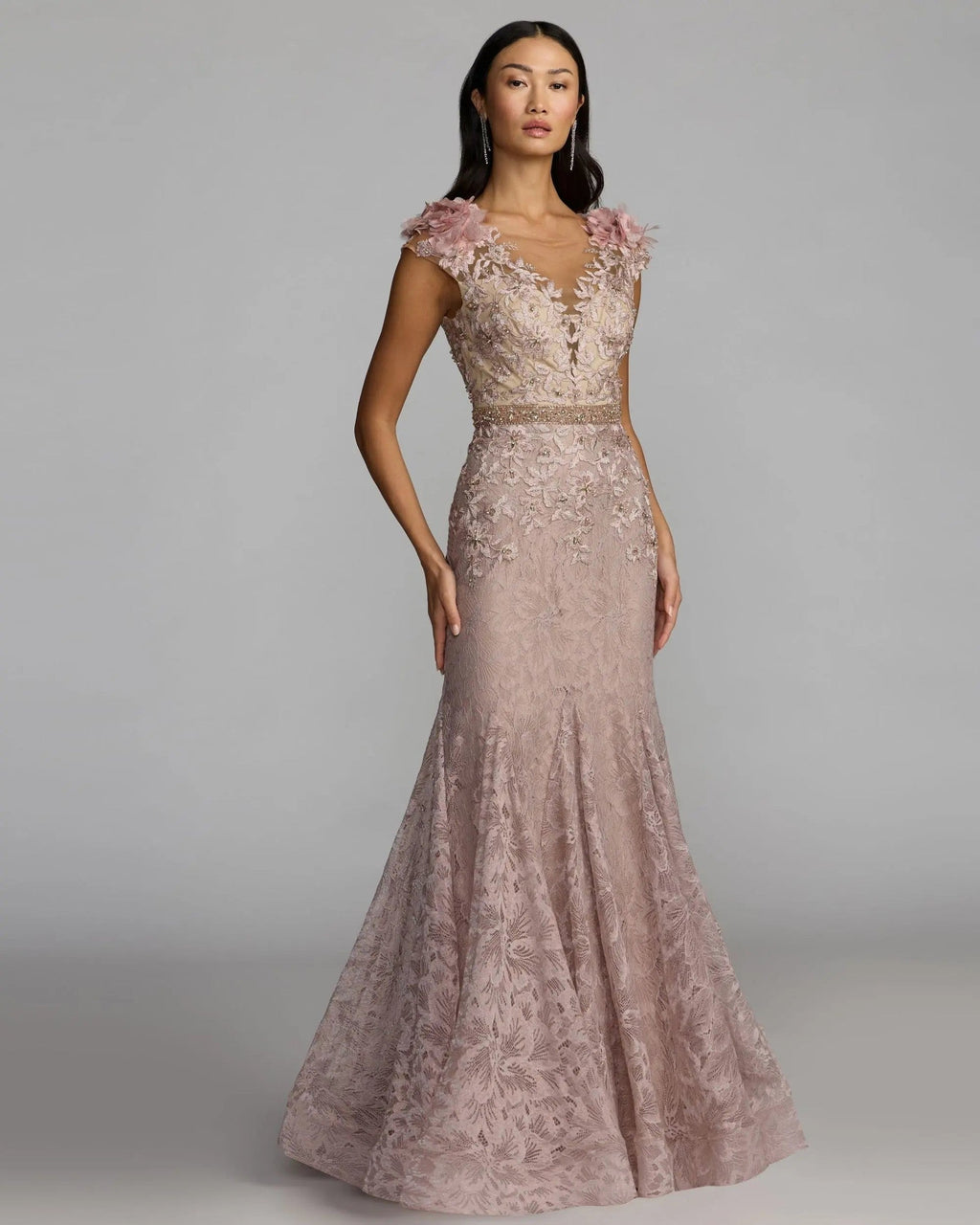 Mocha Embellished Lace Illusion Neck Gown With 3D Flowers