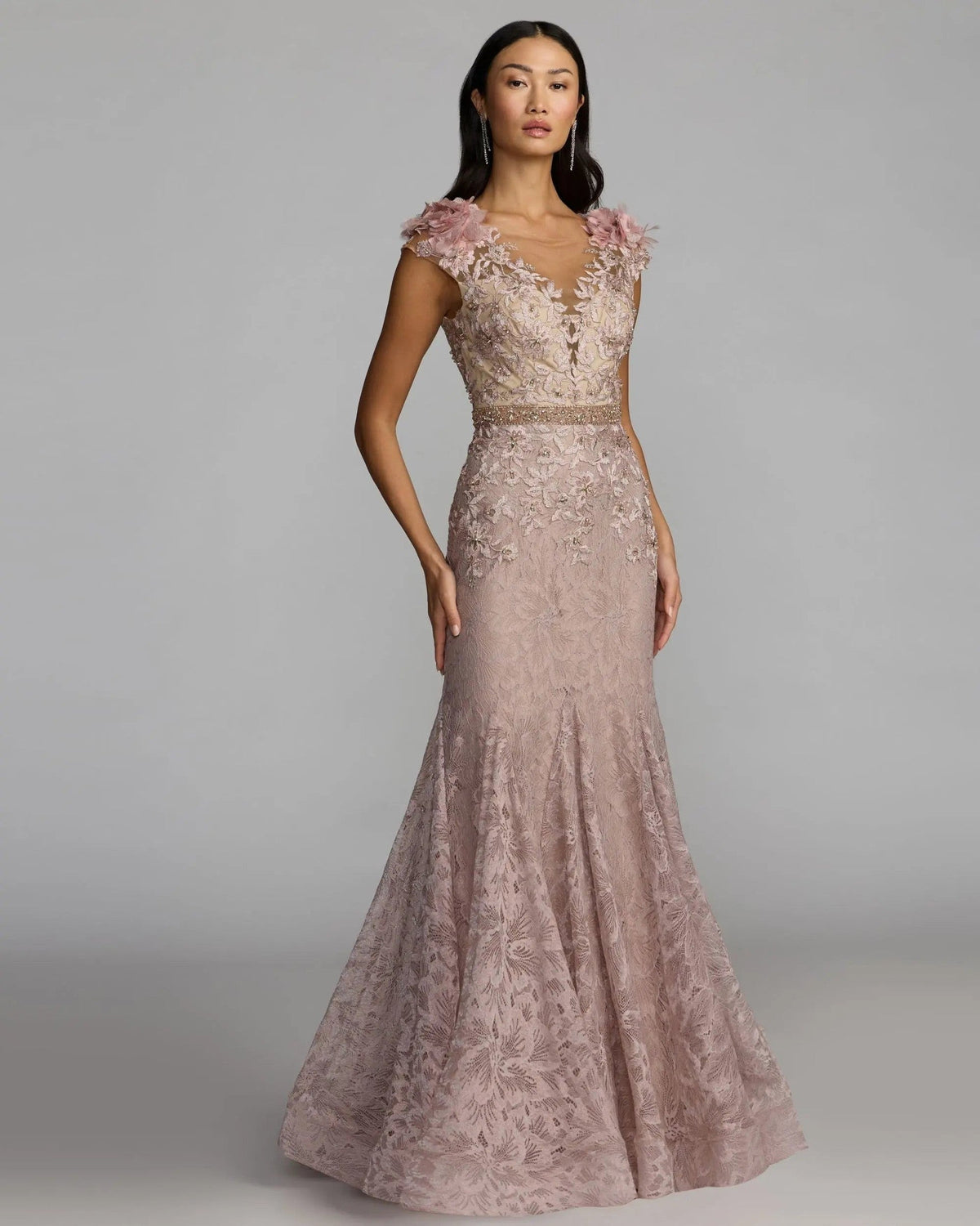 Mocha Embellished Lace Illusion Neck Gown With 3D Flowers
