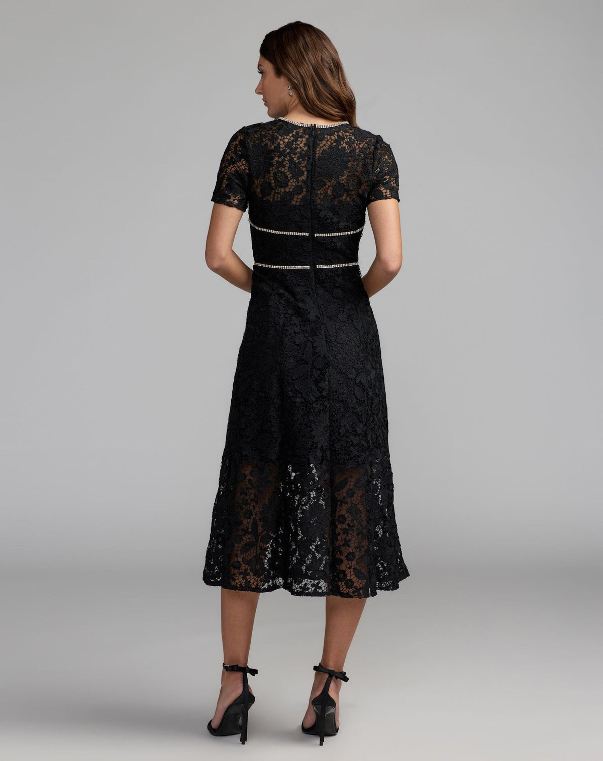 Black Short Sleeve Lace Midi Dress With Rhinestone Trim