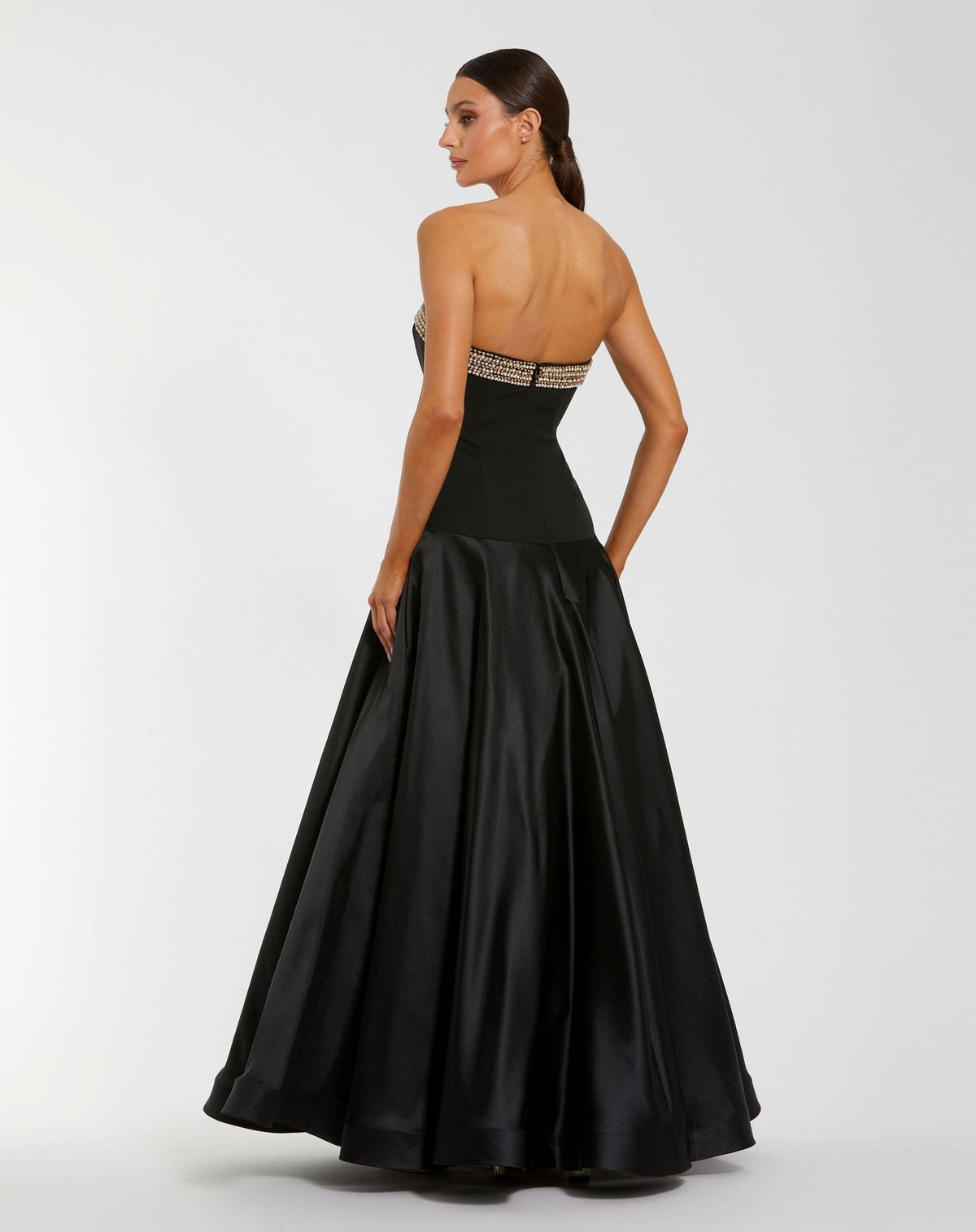 Black Strapless Crepe Bodice Gown With Satin Skirt