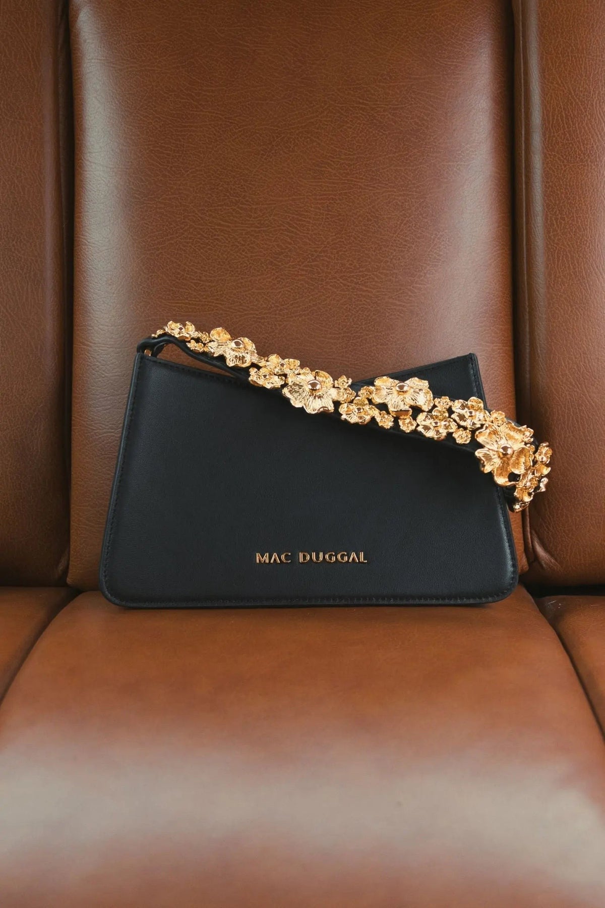 Black Small Leather Shoulder Bag with Gold Floral Strap