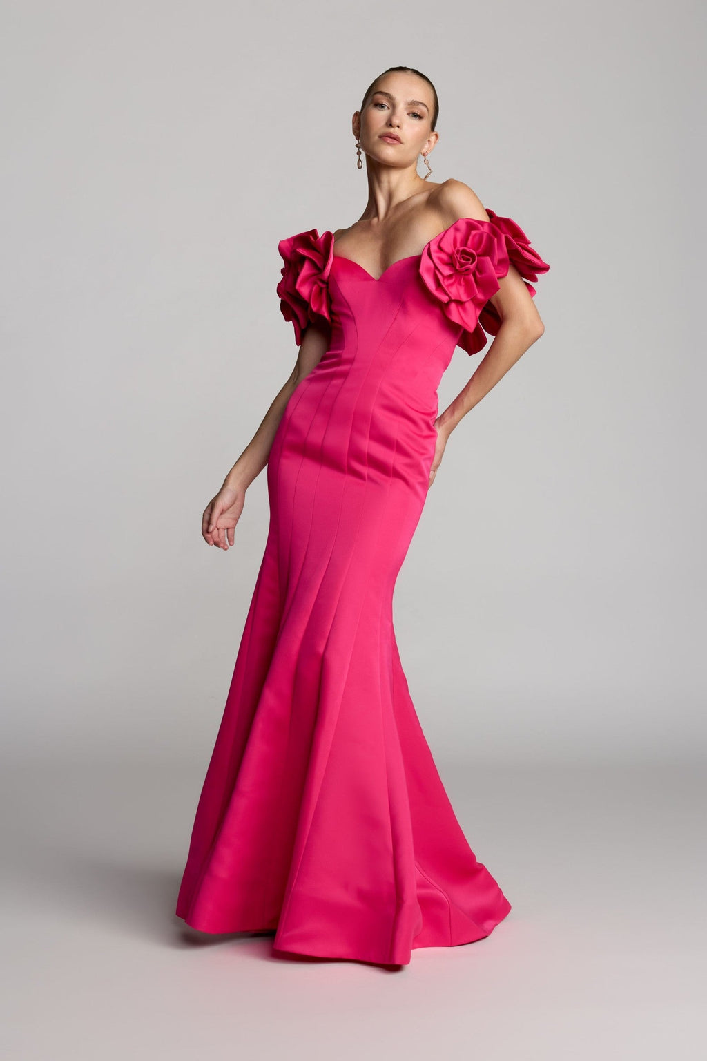 Hot Pink Off The Shoulder Gown With 3D Floral Sleeves
