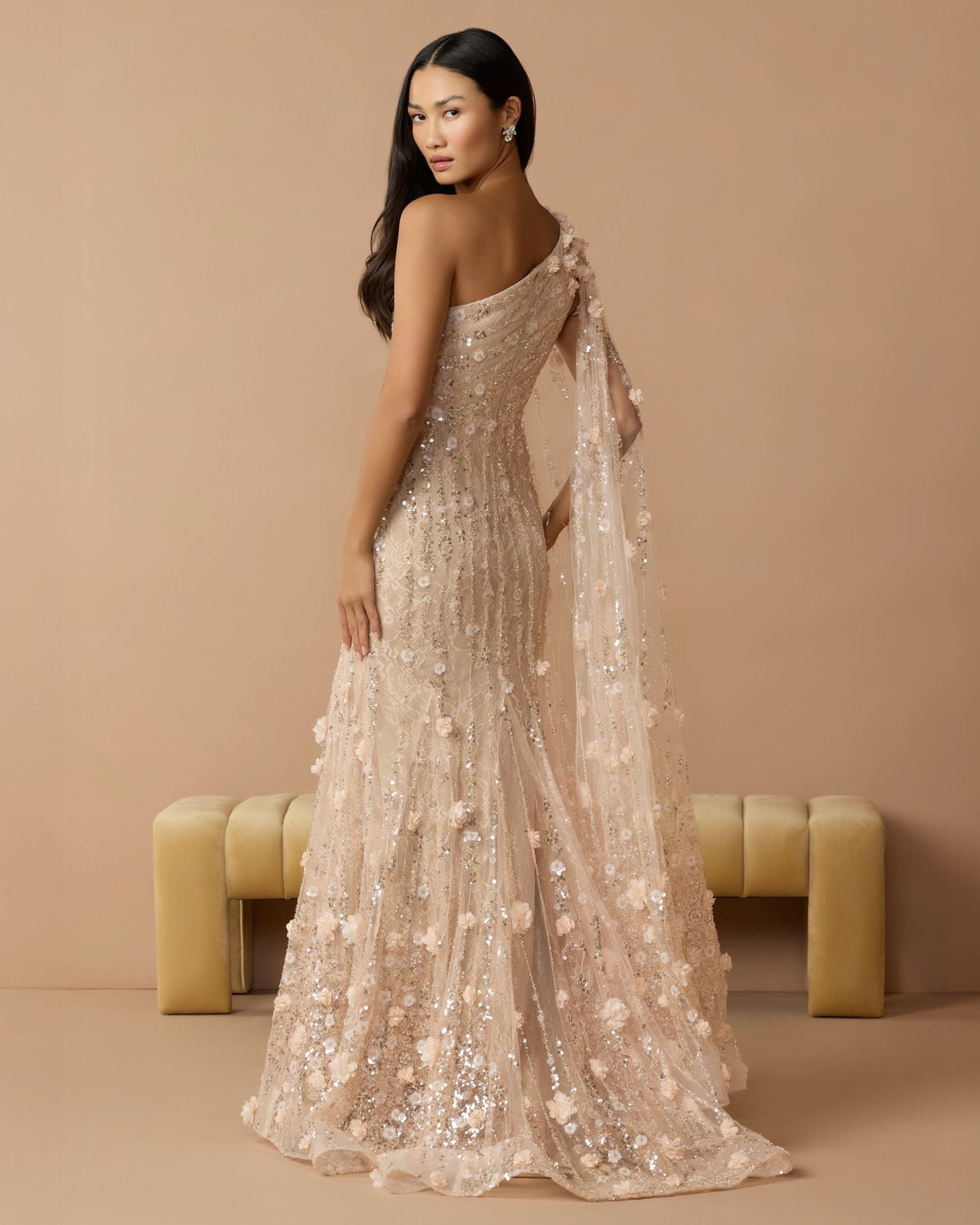 Porcelain One Shoulder Embellished Gown With Cape Sleeve